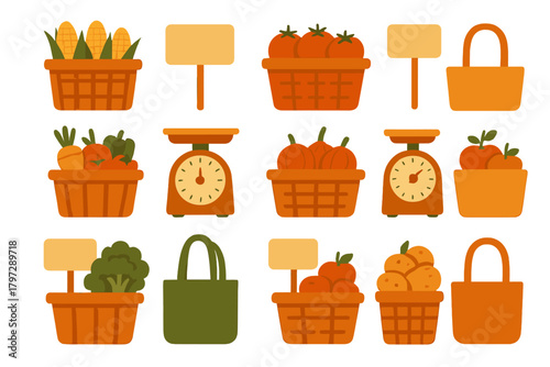 Fresh produce baskets, weighing scales, shopping bags, and blank price tags