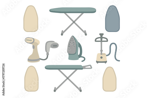 Collection of laundry appliances: irons, garment steamers, and ironing boards