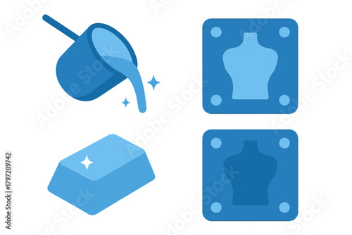 Steps of metal manufacturing process: pouring molten material, casting mold, and solid ingot