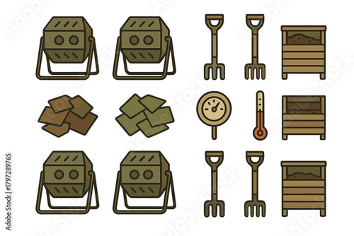Composting equipment featuring tumblers, bins, pitchforks, thermometers, and organic waste