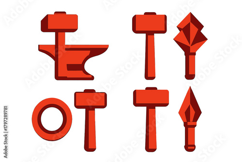 Stylized blacksmith tools and medieval weapon icons set in solid red color blocks