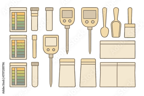 Gardening and agriculture tools set for soil testing, pH measurement, and nutrient analysis