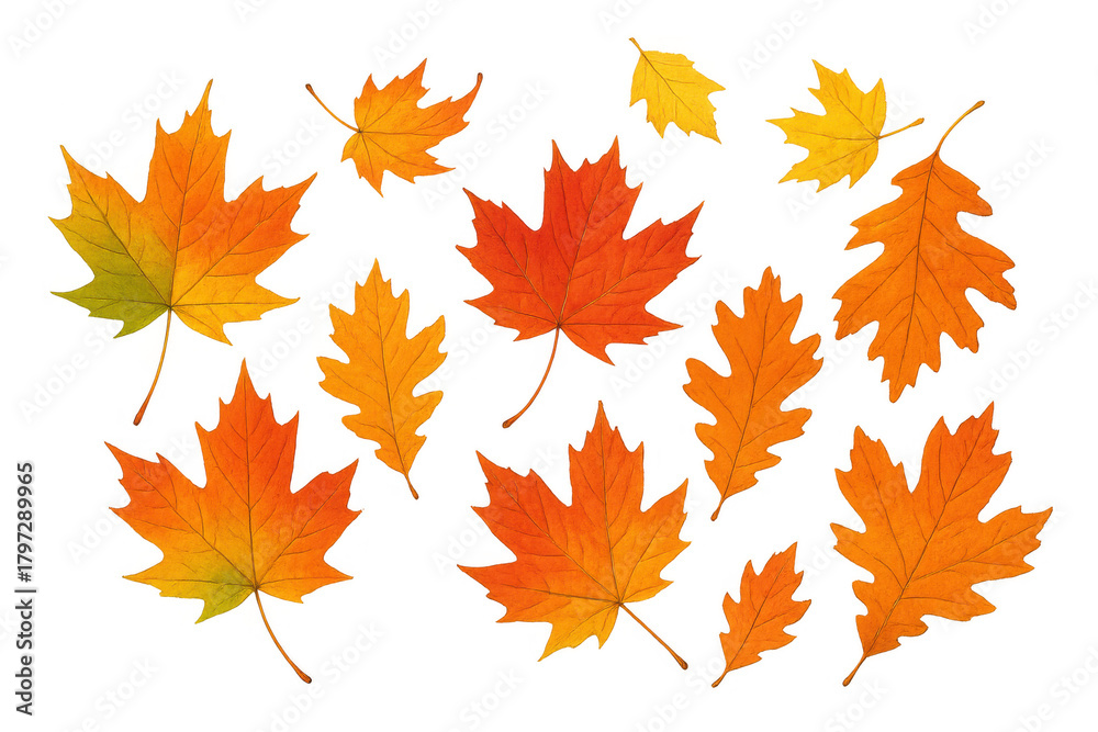 Fototapeta premium Autumn leaves falling, maple and oak foliage creating a vibrant seasonal background, transparent
