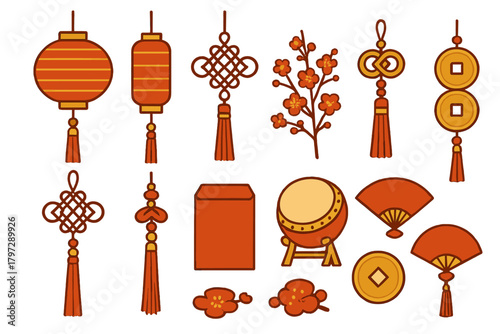 Traditional Chinese New Year symbols set with lanterns, lucky knots, plum blossoms, and ancient coins