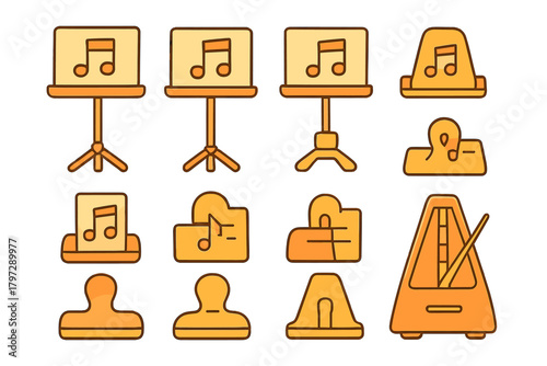 Collection of music icons featuring sheet music stands, metronome, and musical notes