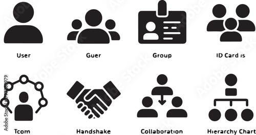 Flat black vector icons of users, groups, teams, and collaboration