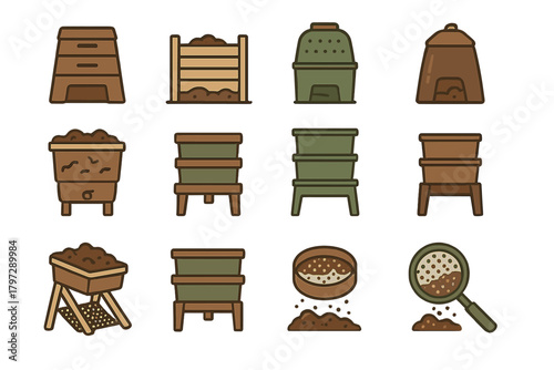 Set of composting tools and equipment including various bins, worm farms, and sifters