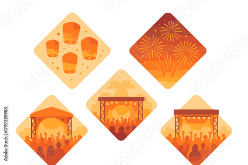 Celebration icons featuring sky lanterns, bright fireworks, and outdoor music concert stages with cheering audience silhouettes