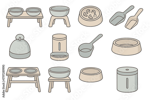 Set of pet food and water bowls, automatic feeders, and measuring scoops