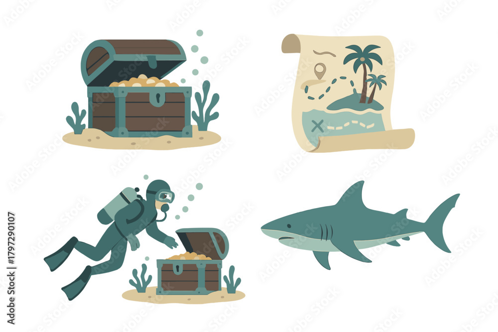 Fototapeta premium Pirate and underwater adventure icons featuring treasure chests, map, scuba diver, and shark