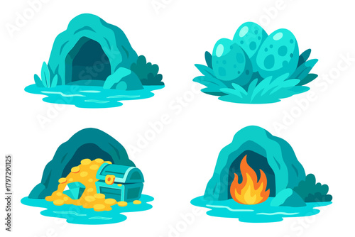 Cartoon fantasy game items: cave, dragon eggs, treasure chest, campfire