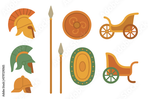Ancient Greek and Roman military equipment set with helmets, shields, spears, and chariots