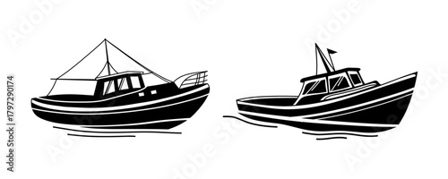 Yacht boat silhouette illustrations. Vector monochromatic marine icons