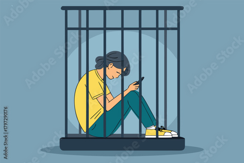 A lonely individual imprisoned within a stark smartphone cage, slumped in despair, a symbol of digital entrapment.