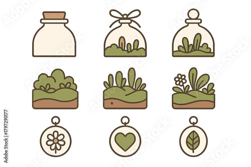 Stylized collection of miniature terrarium jars and nature charm pendants