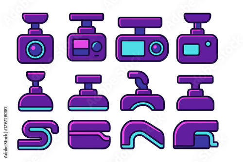 Different styles of dash camera devices and mounting equipment in vibrant purple and cyan