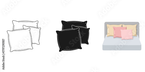 Minimalist line Vector Set in Three Styles — Line Art, Silhouette and Color Version of three stacked decorative pillows offering comfort and style to home decor