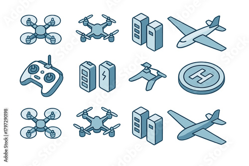 Isometric drone technology symbols including remote control, batteries, aircraft, and helipad