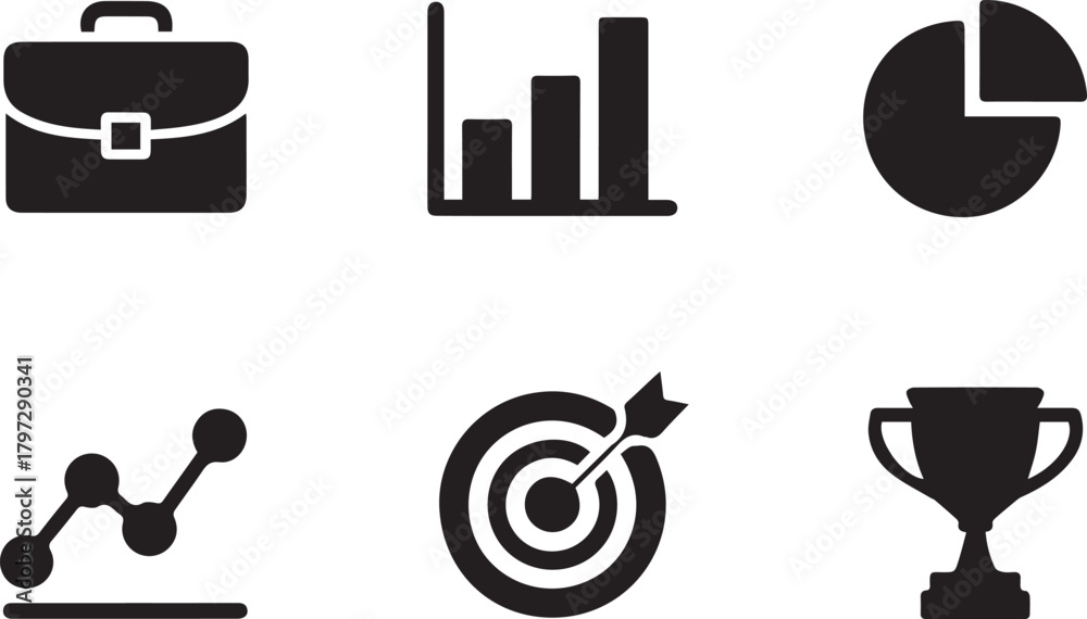Obraz premium Business and finance icon set with briefcase, charts, target, trophy