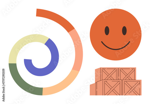 Spiral chart with color sections, happy happy face, and stacked wooden crates symbolizing progress, productivity, positivity. Ideal for workflow, commerce, success, teamwork efficiency
