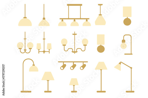 Contemporary home lighting fixtures set including chandeliers, pendants, and floor lamps