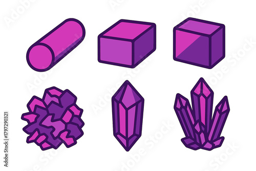 Collection of stylized purple geometric shapes and natural mineral crystal formations on white