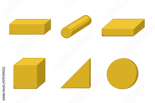 Collection of six basic three dimensional geometric shapes isolated on a clean white background