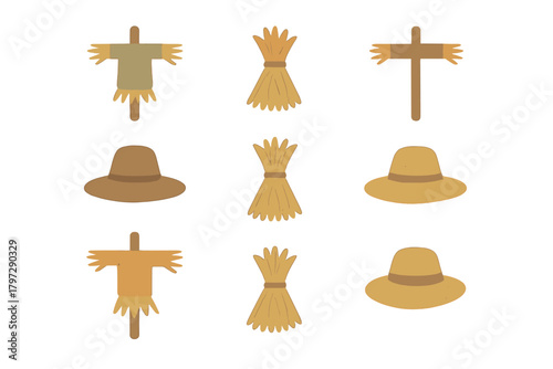 Autumn harvest elements featuring scarecrow frames, straw hats, and tied wheat sheaves