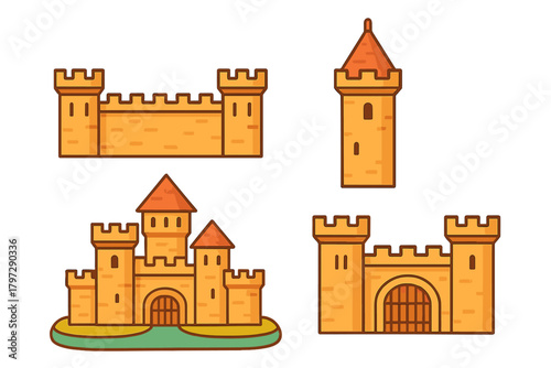 Stylized medieval castle elements including walls, towers, and fortress gates