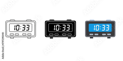 Black and White Digital Alarm Clock Vector Set in Three Styles — Line Art, Silhouette and Color Version Showing Time Ten Thirty Three in the Morning or Evening Minimalist Design