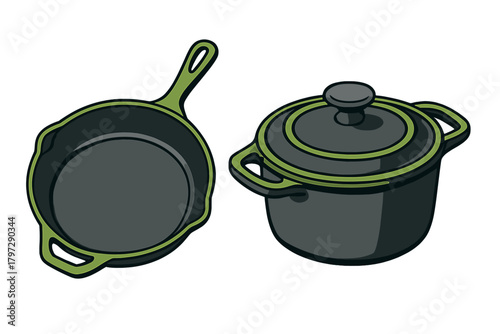 Heavy duty cast iron skillet and covered cooking pot with green accents