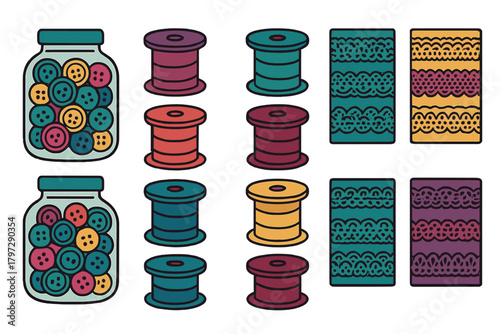 Assortment of colorful sewing and crafting supplies including buttons, thread, and lace trim