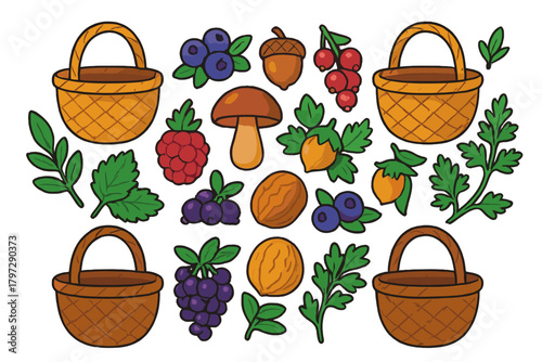Collection of forest foraging elements including wicker baskets, wild berries, nuts, and mushroom