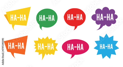 Set of Colorful Speech Bubbles with Ha-Ha Text, Humor Expression, Comic Style, Different Shapes and Colors, Vector Illustration on Isolated Background
