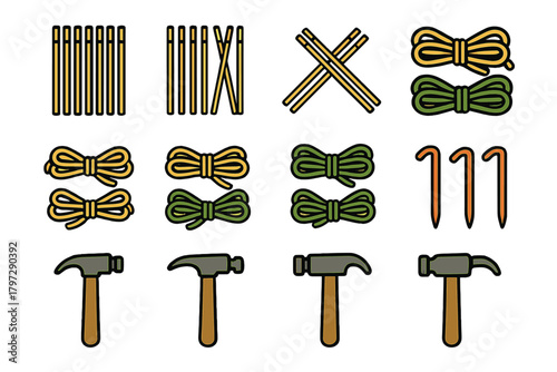 Set of essential camping and construction tools including hammers, ropes, tent poles, and stakes