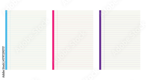 Set of Three Notebook Papers with Colorful Margins, Lined Pages, Vector Illustration, Blue, Pink and Purple Colors, A4 Format, Design Template