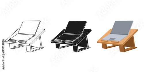 Laptop On a Table Vector Set in Three Styles — Line Art, Silhouette and Color Version  for Productivity and Study Environment
