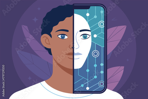 Close-up portrait, face seamlessly merging into a glowing smartphone screen, digital glitch, technology's embrace, identity fusion, hyperrealism, conceptual art.