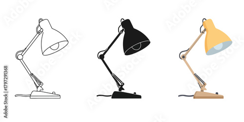 Desk Lamp Vector Set in Three Styles — Line Art, Silhouette and Color Version with Adjustable Arm and Simple Design for Creative Projects and Presentations
