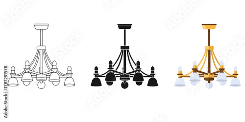 Elegant Chandelier Vector Set in Three Styles — Line Art, Silhouette and Color Version for Interior Design Visuals