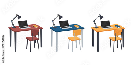 Laptop On a Table With Lamp Vector Set in Three Styles — Line Art, Silhouette and Color Version  for Productivity and Study Environment