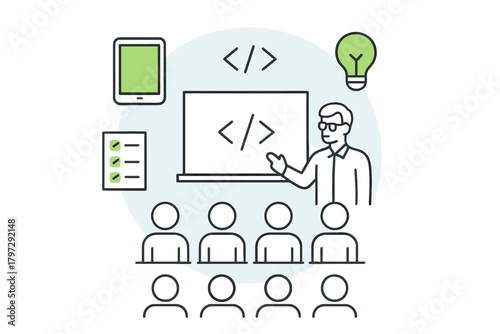 Instructor teaching programming concepts during a software development training session