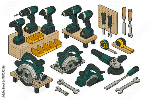 Professional power tools and hand tools set for construction, carpentry, and home improvement projects