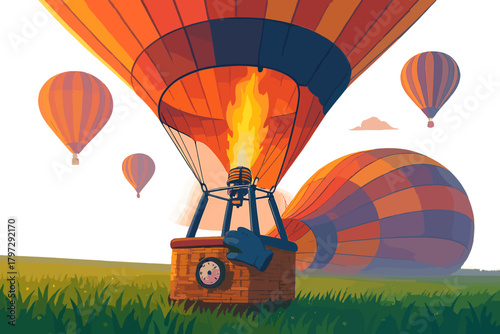 Vibrant orange and purple hot air balloons preparing for takeoff in a grassy field