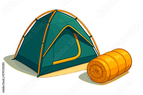 Green dome camping tent and rolled sleeping bag isolated on a white background for outdoor adventure travel