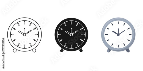 Alarm Clock Vector Set in Three Styles — Line Art, Silhouette and Color Version for Educational Coloring Pages and Creative Design Projects
