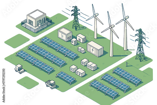 Modern renewable energy power grid system with solar panels, wind turbines, and battery storage units in isometric view