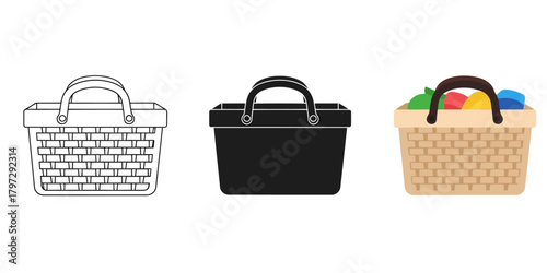 Woven Basket Vector Set in Three Styles — Line Art, Silhouette and Color Version with Handle Design Ideal for Creative Projects