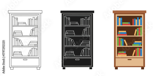 bookshelf filled with books Vector Set in Three Styles — Line Art, Silhouette and Color Version perfect for educational and design related projects offering a clean aesthetic