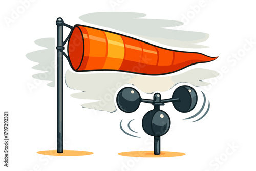 Orange windsock indicating wind direction next to a rotating cup anemometer
